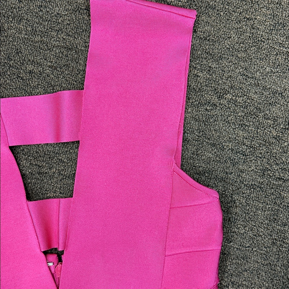 HERVE LEGER DEEP V STRAPPY ICON DRESS Hot Pink NWT - Picture 9 of 11